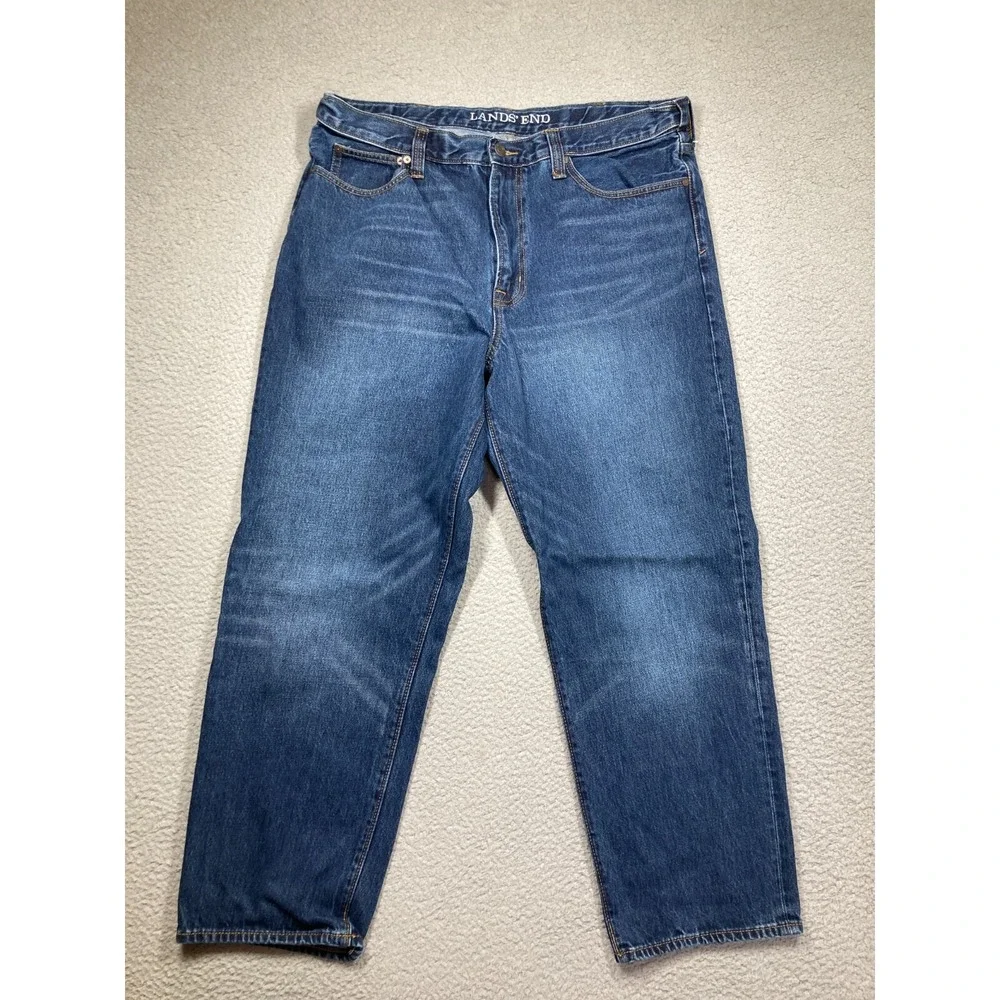 Lands' End Jeans Mens 37x27 Blue Straight Traditional Fit Elastic Stretch‎ Waist